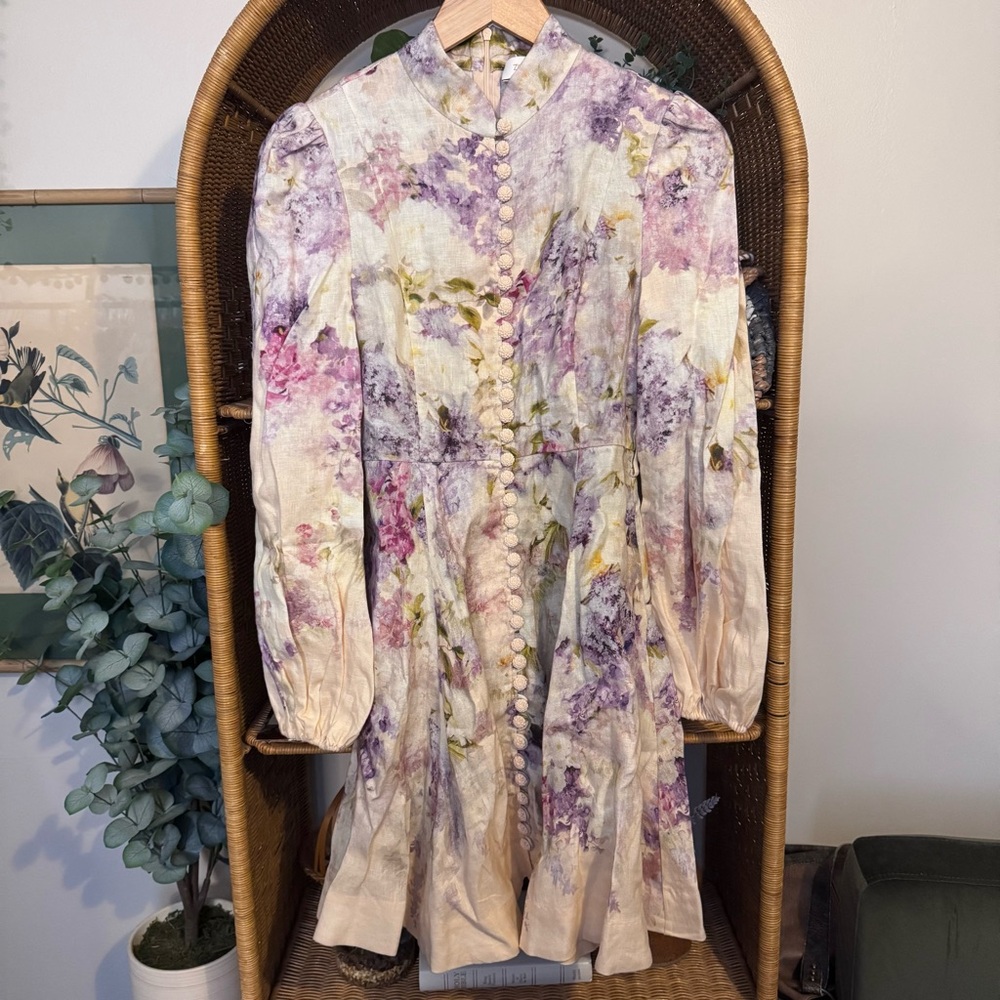 $895 Zimmerman Lyrical Buttoned Floral Linen Mini Dress - Size 1 *NO BELT